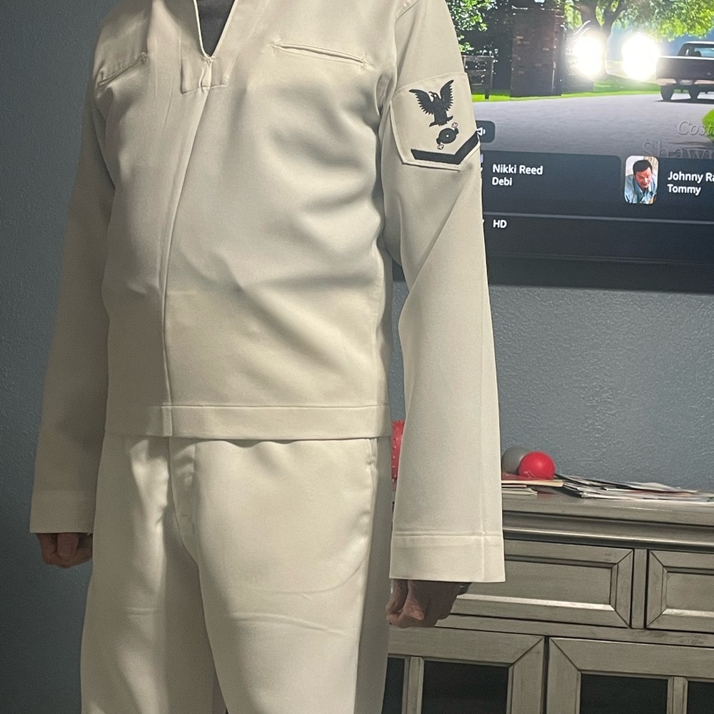 White navy shirt size 38 long and pants.